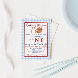Baseball First Birthday Invitation | Rookie of the Year Invite | Baseball Birthday Party | Boy Birthday Invite I Little Slugger Invite