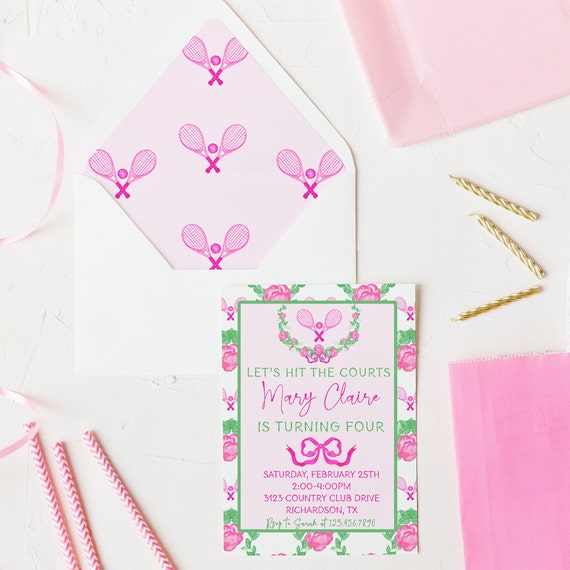 Pink Tennis Birthday Invitation, Tennis Party, Preppy Tennis Invite, Tennis Tournament, Game Set Match Invite, Bow Invitation