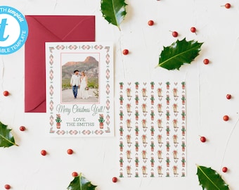 May include: A Christmas card with a photo of a couple in front of a mountain. The card has a southwestern design with a cactus and a red and green color scheme. The text on the card reads "Merry Christmas Y'all! Love, The Smiths".