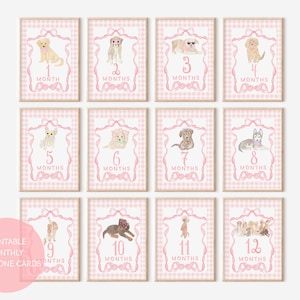 Watercolor Monthly Milestone Cards- Baby Girl- Puppy Milestone Cards- Bow & Gingham- Printable Milestone 12 Months