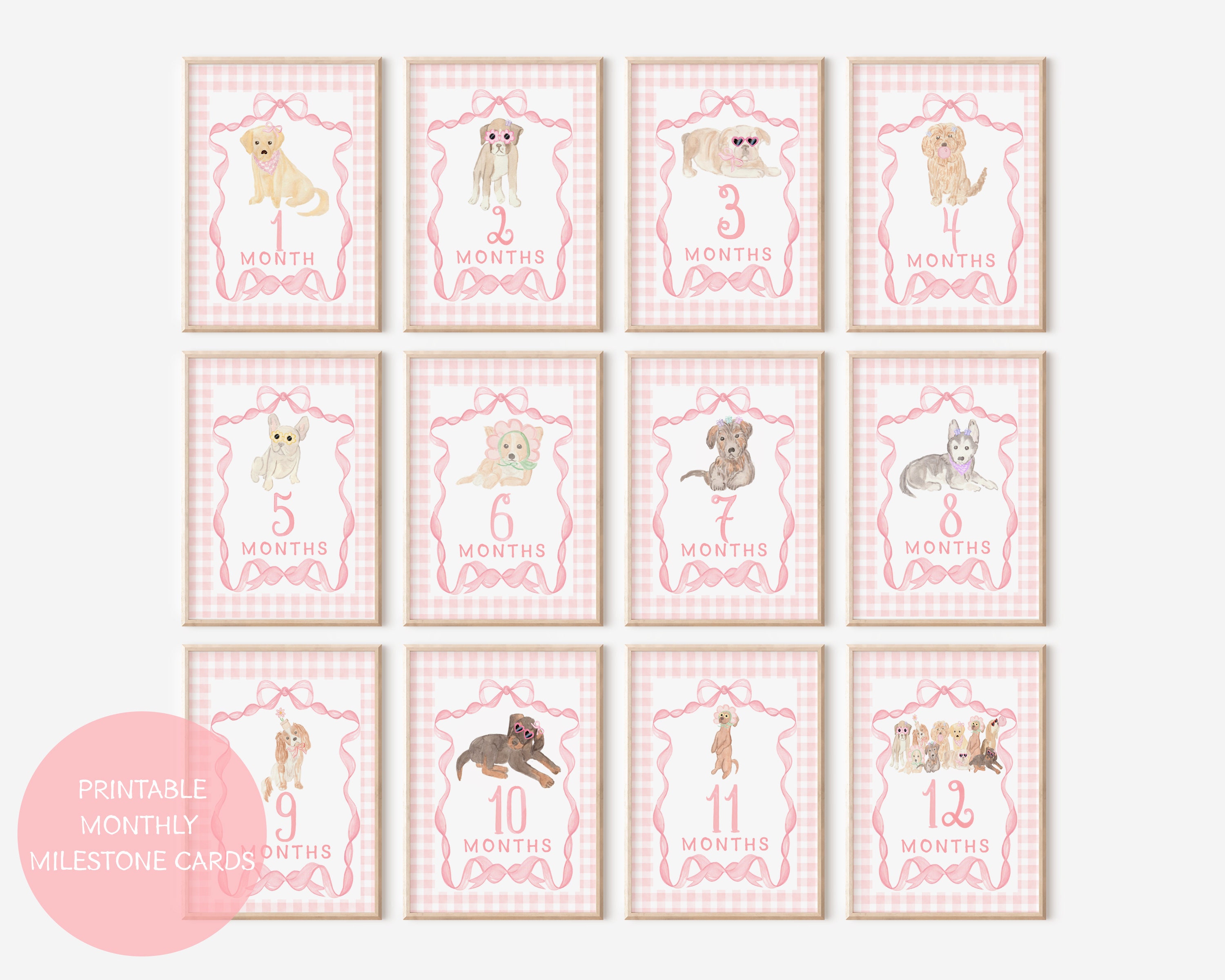 Watercolor Monthly Milestone Cards Baby Girl Puppy Milestone Cards Bow ...