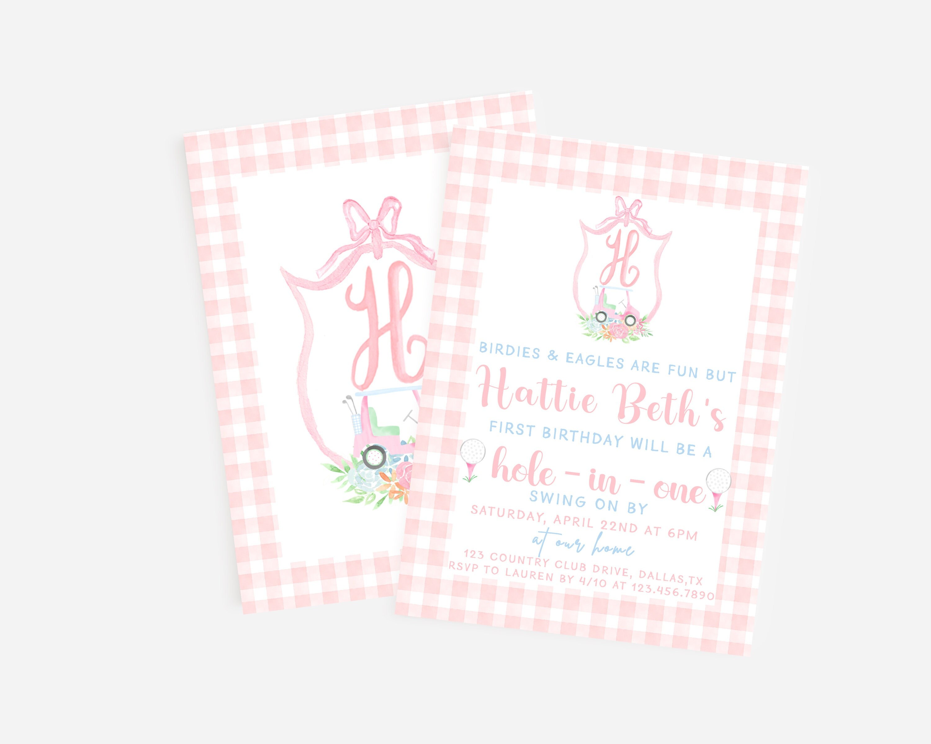 Hole In ONE Golf Party Watercolor Invitation- Golf  Birthday Invitation-Pink Invite-Golf Party, Golf Watercolor crest