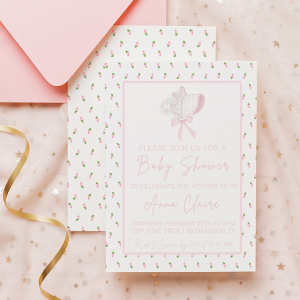 Bonnet and Rosebud Watercolor Invitation | Bonnet Baby Shower | Bonnet Theme First Birthday | Bonnet and Bow 1st Bday l