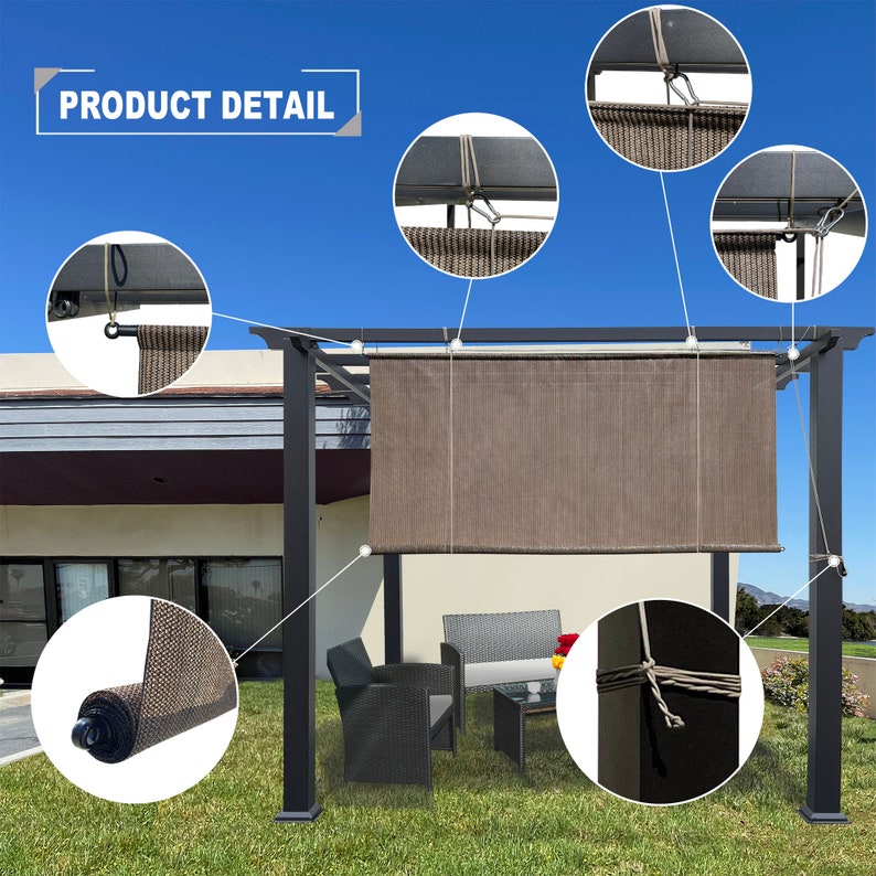 May include: A dark gray metal pergola with a brown woven shade. The image shows close-ups of the shade's attachment points and rolled-up section. The pergola is set on a green lawn with outdoor furniture visible in the background.