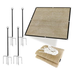 May include: A set of four black metal stakes with three prongs each, designed to hold a tan shade cloth in place. The shade cloth is made of a woven mesh material and is folded in half. A white rope is included for securing the shade cloth.