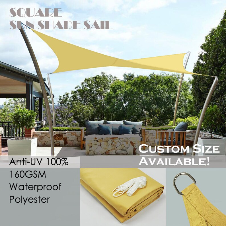 May include: A yellow square sun shade sail with silver poles, providing shade over a patio furniture set. The sail is made of 160GSM waterproof polyester and is anti-UV 100%. Custom sizes are available.