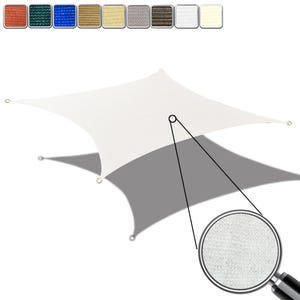 May include: A white square shade sail with reinforced corners and metal grommets. The image includes a color swatch selection of various shades. The sail is designed to provide shade and protection from the sun.