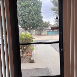 May include: A glass door with a black frame and a sign that reads "THIS THESE DOORS TO REMAIN UNLOCKED WHEN THE BUILDING IS OCCUPIED". The door is open and there is a view of a sidewalk and a tree.