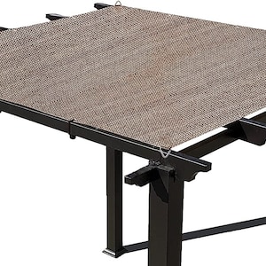 May include: A brown pergola shade canopy is attached to a black metal pergola frame. The shade canopy is made of a woven material and is designed to provide shade from the sun.