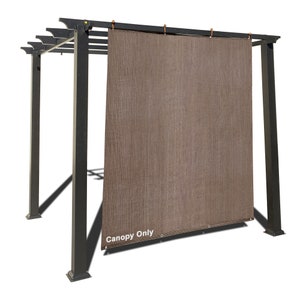 May include: A brown canopy shade for a pergola, with black metal framing. The shade is made of a woven material and has a label that says "Canopy Only".