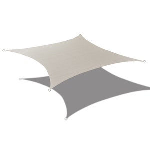 May include: A beige square shade sail with four metal rings for hanging. The sail is suspended in the air with a shadow cast below.