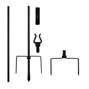 May include: A set of black metal stakes for securing a bird feeder or other garden decor. The set includes two stakes, a connector, a U-shaped bracket, and a threaded rod.