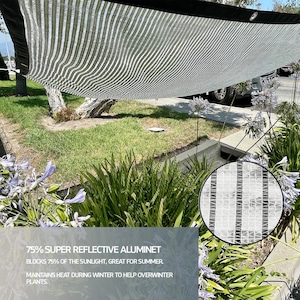May include: A white shade cloth with black stripes, labeled "75% Super Reflective Alumine", blocks 75% of sunlight, great for summer and maintains heat during winter to help overwinter plants.