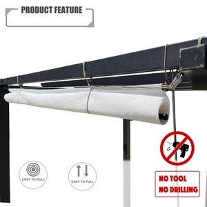 May include: A white, rolled-up shade is suspended from a black metal frame. The image includes text that reads "PRODUCT FEATURE", "EASY TO ROLL", "EASY TO PULL", and "NO TOOL NO DRILLING".