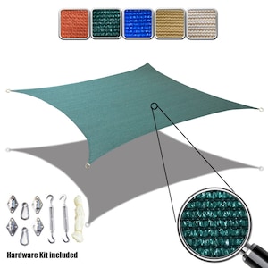 May include: A teal-colored, square shade sail with reinforced corners and included hardware. The image shows a close-up of the fabric's texture and a selection of color swatches. The words "Hardware Kit Included" are at the bottom.