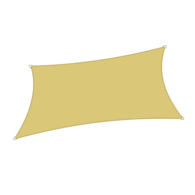 May include: A beige rectangular shade sail with silver grommets on each corner.