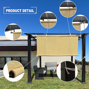 May include: A black metal pergola with a beige sun shade. The image shows close-ups of the shade's rolling mechanism and attachment details. The text "PRODUCT DETAIL" is visible in the upper left corner.