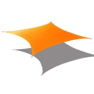 May include: Orange square shade sail with metal grommets. The sail is suspended in the air with a shadow cast below.