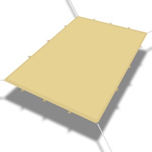 May include: A beige rectangular canopy with white ropes attached to each corner. The canopy is suspended in the air and has a shadow cast on the white background.