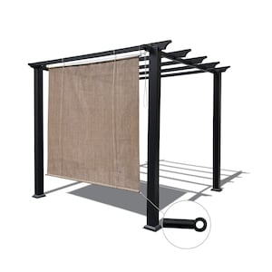 May include: A black metal pergola with a tan fabric shade. The pergola has a rectangular frame with four supporting posts and a slatted roof. The shade hangs from the top frame, providing privacy or sun protection. The design is modern and suitable for outdoor spaces.