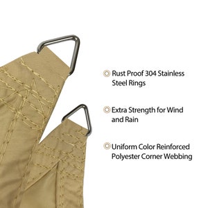 May include: Close-up of a beige fabric canopy with reinforced corners and rust-proof stainless steel rings. The fabric is stitched with a diamond pattern.  "Rust Proof 304 Stainless Steel Rings", "Extra Strength for Wind and Rain", and "Uniform Color Reinforced Polyester Corner Webbing" are written in black text on a white background.