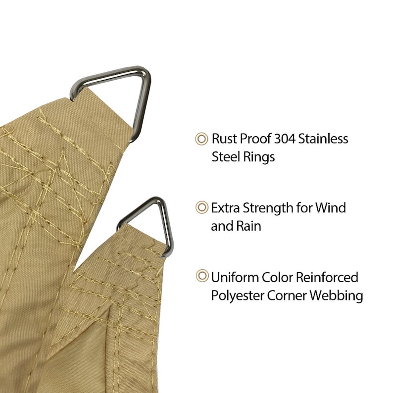 May include: Close-up of a beige fabric canopy with reinforced corners and rust-proof stainless steel rings. The fabric is stitched with a diamond pattern.  "Rust Proof 304 Stainless Steel Rings", "Extra Strength for Wind and Rain", and "Uniform Color Reinforced Polyester Corner Webbing" are written in black text on a white background.