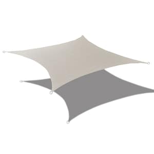 May include: A beige square shade sail with four metal rings for hanging. The sail is suspended in the air with a shadow cast below.