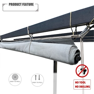 May include: A rolled-up gray shade is suspended from a black metal frame. The text "PRODUCT FEATURE" is at the top. The image also includes the text "EASY TO ROLL", "EASY TO PULL", "NO TOOL NO DRILLING".