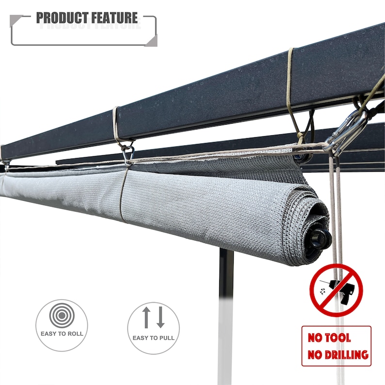 May include: A rolled-up gray shade is suspended from a black metal frame. The text "PRODUCT FEATURE" is at the top. The image also includes the text "EASY TO ROLL", "EASY TO PULL", "NO TOOL NO DRILLING".