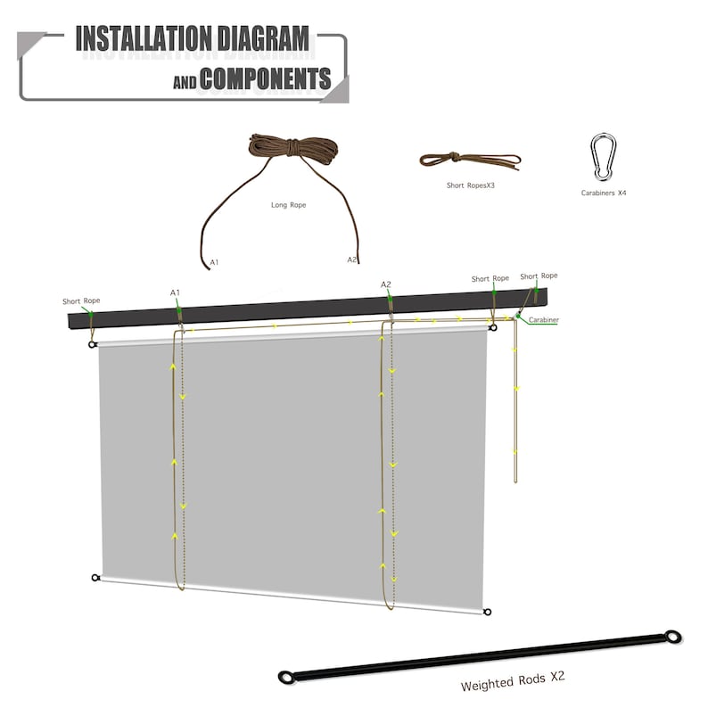 May include: Installation diagram and components for a window shade. The diagram shows a gray shade with black rods, brown ropes, and carabiners. The text includes "Long Rope", "Short Ropes", and "Weighted Rods".