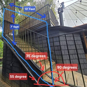 May include: An outdoor staircase with black metal railings leading to a deck, featuring blue and red graphic overlays with text including 10 feet, 7 feet, 35 degrees, 55 degree, and 90 degrees, set against a dark shingled exterior wall.