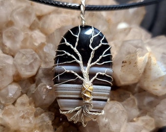 Alaskan Gold Nugget, Banded Agate & Sterling Silver Tree Of Life pendant (#GT-455)