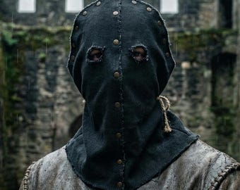 死刑執行人フード 中世 スタッズ付き ブラック キャンバスフード 終末論的 死刑執行人マスク インダストリアル ゴス リベットヘッド ウェイストランド コスチューム