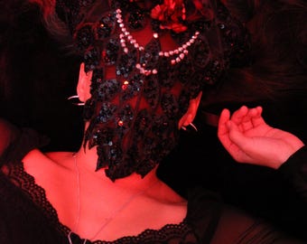Gothic Rose Lace Masquerade Mask | Black Sequin Rhinestone Full Face Veil