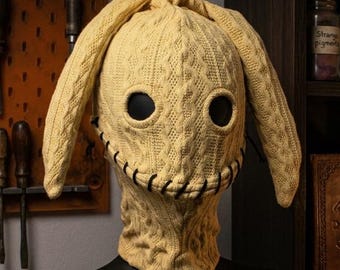 Creepy Bunny Mask | Knitted Horror Balaclava with Stitched Mouth | Dark Fantasy Scarecrow Hood | Macabre Halloween Cosplay Prop