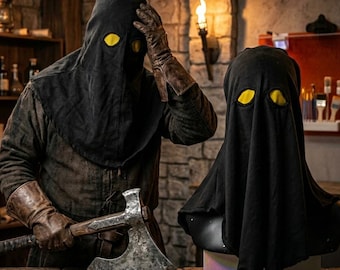 Thelonious Executioner Hood Shre Cosplay | Black Medieval Cowl Mask with Yellow Eyes | Dark Fantasy Halloween Costume Prop
