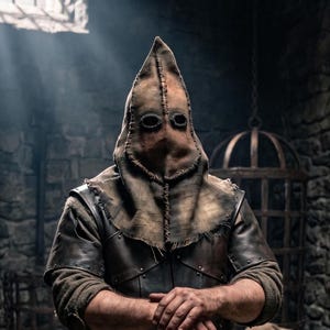Op de afbeelding: Een persoon die een bruine beulskap van jute draagt met ooggaten en een leren wambuis. De persoon staat in een stenen kamer met een metalen kooi op de achtergrond. De verlichting is zwak.