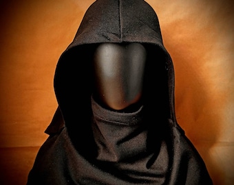 Black hooded cowl, hooded gothic, hooded scarf, larp, watesland hood, rogue one, cover face, tactical clothing, watchmen Angela abar.