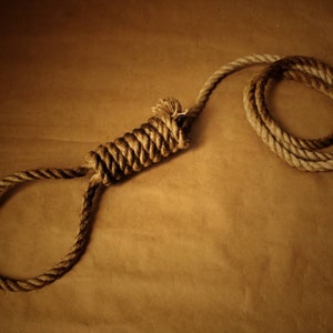 Puede incluir: Primer plano de un lazo corredizo hecho de cuerda gruesa y retorcida. La cuerda es de color marrón natural, con zonas más oscuras que sugieren desgaste. El lazo corredizo se encuentra sobre un fondo marrón, con el lazo claramente visible.