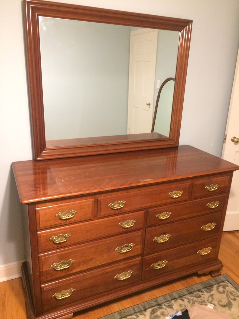 Antique Solid Cherry Wood Dresser And Mirror