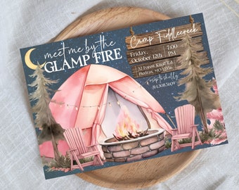 May include: A camping-themed invitation featuring a pink tent, two pink chairs, and a campfire. The invitation reads "meet me by the GLAMP FIRE" and includes details for a gathering at Camp Fiddlecreek on Friday, 12th October at 7:00 PM. The address is 32 Forest Knoll Rd, Piedras, MO 12356. RSVP to Shelly at 31-1.308.5609.