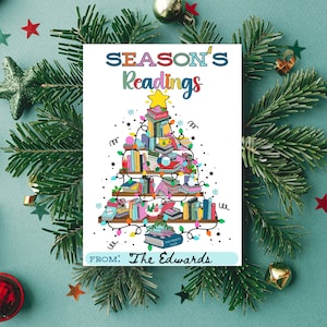 ブッククリスマスツリーカード、ホリデーギフトタグ、司書サンキューカード、本好きの挨拶、面白い読書クラブの印刷物、デジタルダウンロードDIY