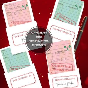 クリスマス ライブラリ カード、パーソナライズされたホリデー ブックマーク、読書家への招待、司書への感謝タグ、カード カタログ、読書クラブのアイデア