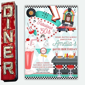 50 and Fabulous Invitation, Fifties Diner Party Décor, Sock Hop Birthday Theme, Retro Diner Invitation, At the Hop Party Theme