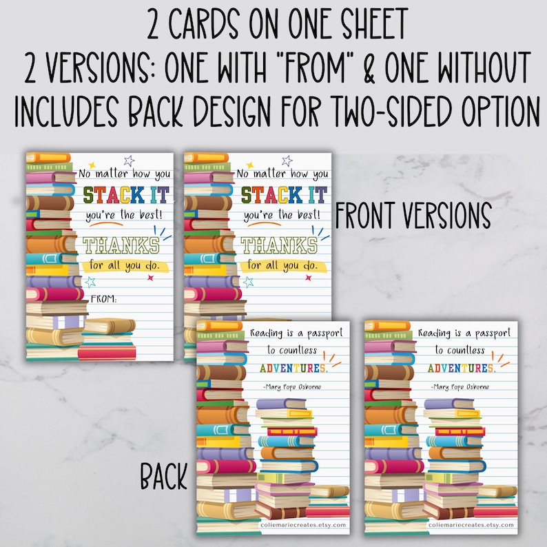 Book Lover Greeting Card Librarian Thank You Card Teacher Etsy