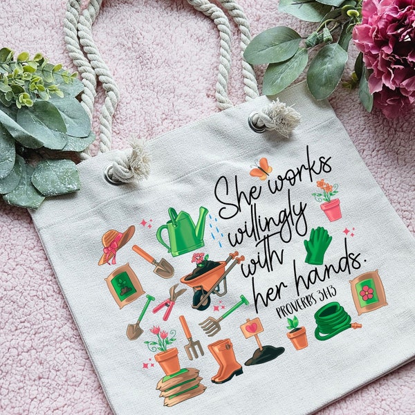 Gardening Tote Bag,  Plant Mama Collage, Proverbs 31 Bible Verse, Gift for Botanist, Farmers Market Tote, Horticulture Lover, Personalized