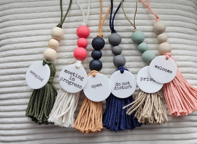 Rustic Door tassels, personalized color combinations and text available, hand painted wooden beads, with sublimated acrylic wording and handmade tassel in various color combinations.