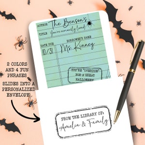 Halloween-bibliotheekkaart, snoepvrij feestgunst voor kinderen, kaartcatalogus, herfstfeestcadeau, boekenwurmuitnodiging, bibliothecaris waardering cadeaulabel