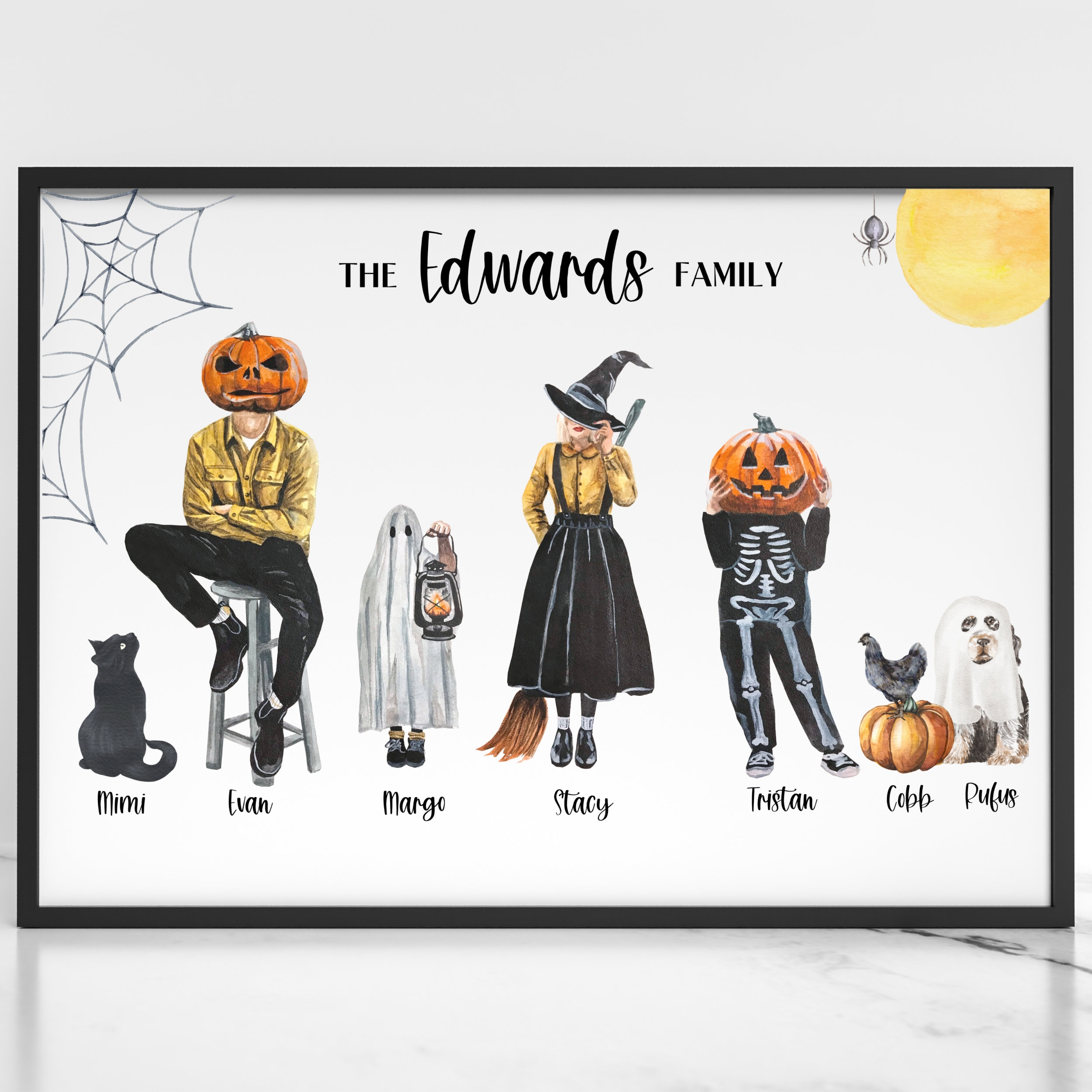 halloween-family-portrait-personalized-group-print-with-pets-etsy