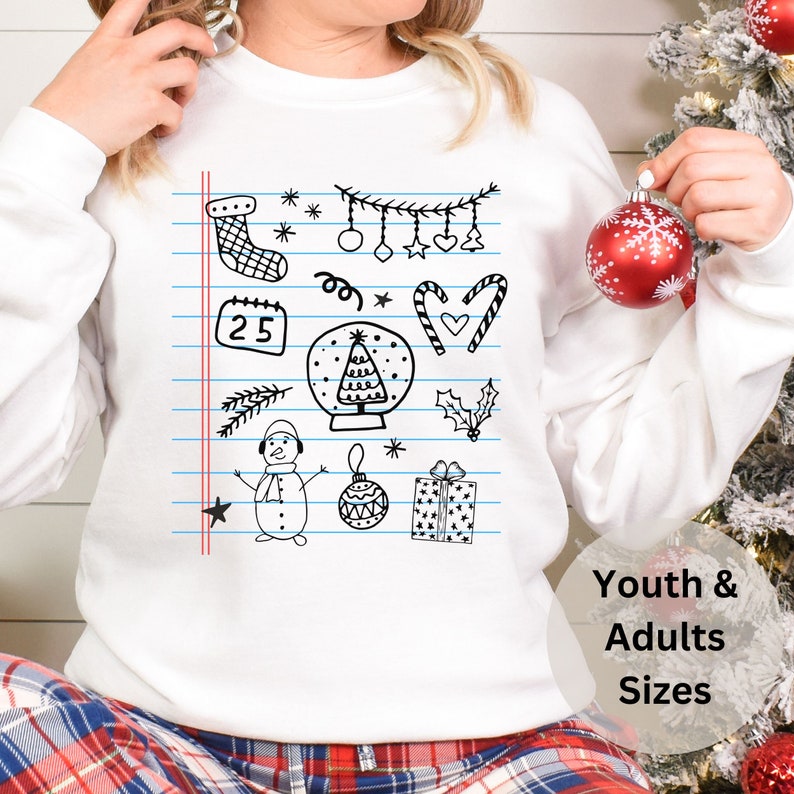 Christmas Doodle Shirt, Mommy and Mini Matching Tops, Cute Teacher Christmas Sweater, Sketch Pad Design, Gift for School Staff image 1